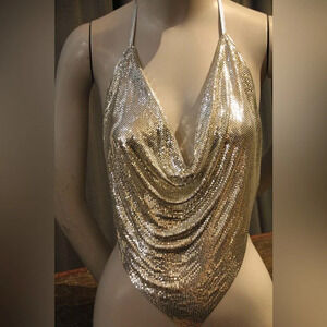 1970s Whiting and Davis Silver Metal Mesh and Leather  Drape Halter Top